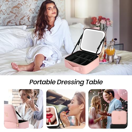 Travel Makeup Bag with Mirror Cosmetic Bag Makeup Artist Bag, 3 Color Scenarios Adjustable Brightness, Makeup Train Case Cosmetic Storage Gift for Daughter Wife Friend Pink