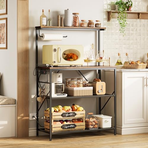 4-Tier Kitchen Storage Rack with Reversible Power Outlet - Rustic Brown, 31.5 Inch Microwave Stand & Coffee Bar
