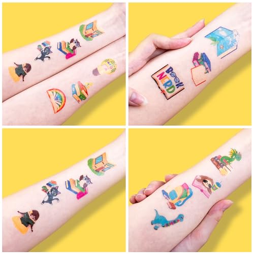 96 PCS Reading Book Pre-Cut Temporary Tattoos for Kids | Super Cute Library Booklist Nerd Themed Birthday Party Favors, Supplies, Decorations, Fake Tattoo Stickers, School Rewards & Gifts Boys & Girls