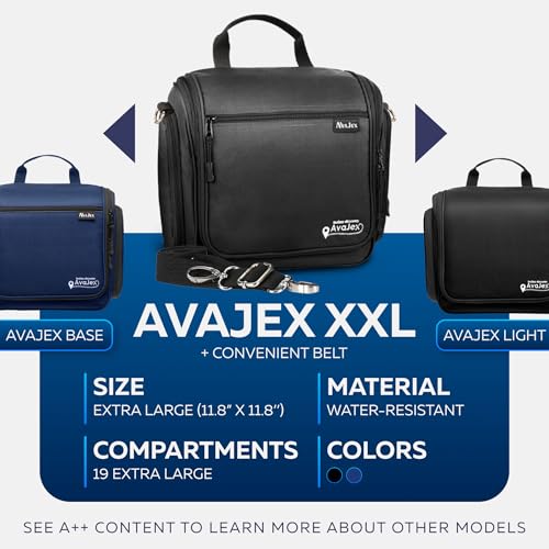 XXL Jet Black Hanging Travel Toiletry Bag for Men & Women - Waterproof with 19 Compartments