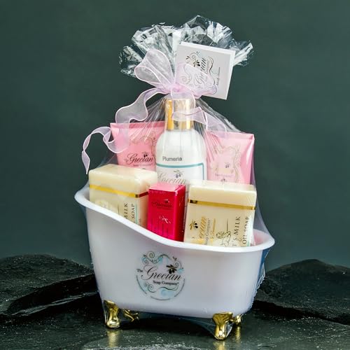 The Grecian Soap Company Deluxe Bathtub Gift Set ? 6pcs Goat Milk & Olive Oil Skin Care Set, Spa Gifts, Bridal Shower Gifts Gifts for Mom, Birthday Gifts, Plumeria Scent, Handmade in the USA