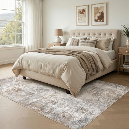 6x9 Rectangular Washable Neutral Abstract Area Rug - Non-Slip Bedroom Living Room Floor Mat - Brown Grey