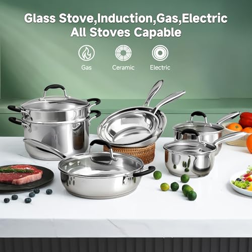 11-Piece Stainless Steel Cookware Set with Steamer - Non-Toxic, Induction & Oven Safe