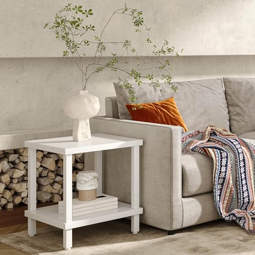 White Modern End Table with 2-Tier Storage Square Sofa Side Table