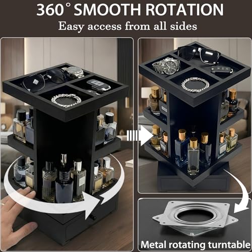 4-Tier Rotating Cologne Organizer for Men with Drawer - Modern Black