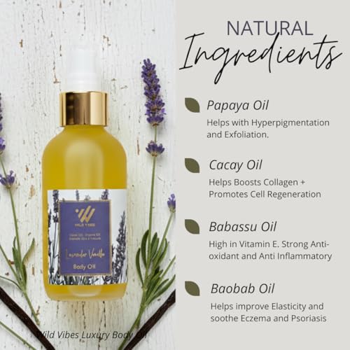 Wild Vibes Lavender Vanilla Body & Massage Oil - Hydrating Jojoba, Papaya & Shea Nut Oils, Vitamin E, Collagen Support, 4oz - All Skin Types