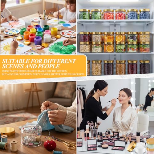 48 Pack 2 oz Clear Plastic Jars with Gold Lids - Refillable Storage Containers for Cosmetics, Spices, Crafts