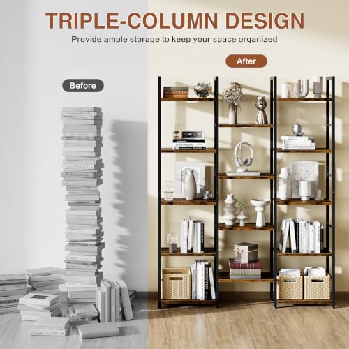 Shintenchi 5 Tier Large Bookcase - Tall Open Shelves Triple Bookcase