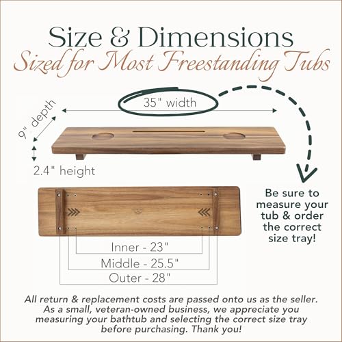 Nature Shed Premium 35-Inch Acacia Wood Bathtub Tray - Large, Adjustable, Anti-Tip Freestanding Caddy with Bathroom Accessories Holder
