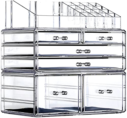 Acrylic 3-Pack Makeup Organizer with 6 Drawers and Top Tray – Stackable Vanity Desk Storage