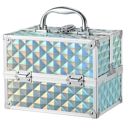 FRENESSA Shiny Blue Makeup Train Case Portable Organizer with Lock | 4-Tier Cantilever Cosmetic Box