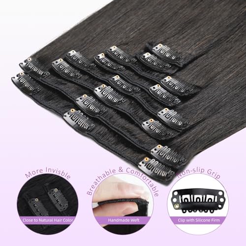 Clip in Hair Extensions Human Hair 20 Inch Natural Black 1B - Easy Styling & Long-Lasting