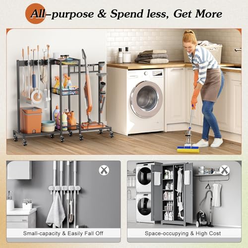 Olakee Black 3-in-1 Broom Holder & Cleaning Supplies Organizer with Rolling Cart