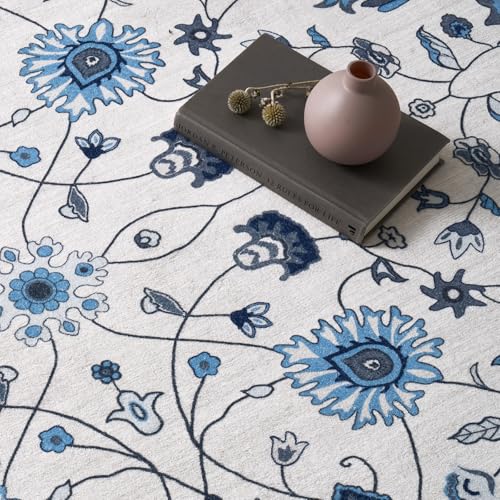 EverGrace 5x7 Porcelain Blue Floral Boho Indoor Outdoor Rug - Washable Low Pile Floor Mat for Living Room, Bedroom, Kitchen, Entryway