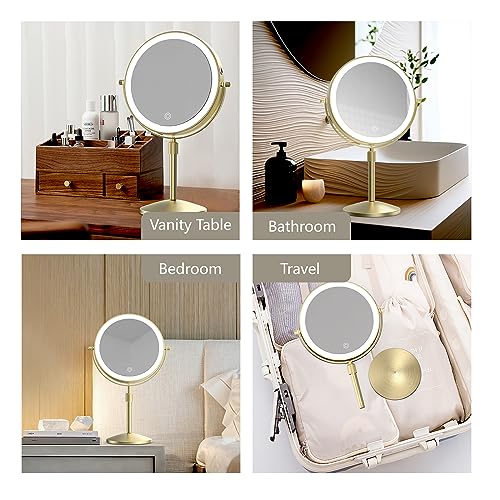 MIROAMZ 8-Inch Lighted Makeup Mirror with 10X Magnification & Adjustable Height - Gold