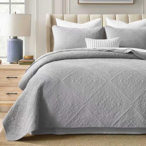 AJOCCI Grey Queen Cotton Quilt Set 3PC - Breathable All-Season Bedspread