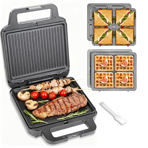 3-in-1 Panini Grill Press with Removable Plates - Breakfast Sandwich & Waffle Maker - Electric Griddle