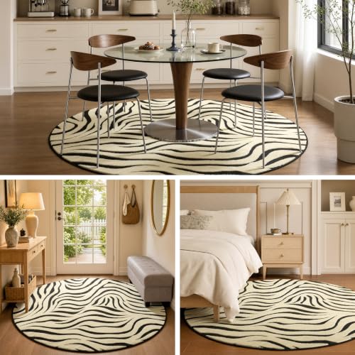 Zebra Round Area Rug 6ft - Non-Slip Washable Modern Circle Rug - Black & Cream
