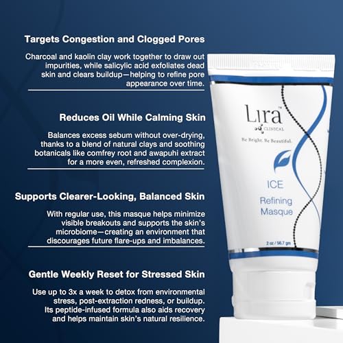 Lira Clinical ICE Refining Masque - Acne & Oil Control Kaolin Clay Mask with Niacinamide & Salicylic Acid - Calm Skin & Refine Pores with Collagen Peptides & Plant Stem Cells - 2 fl oz