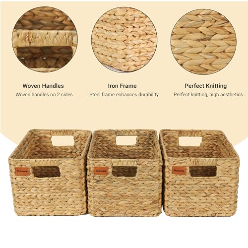 Large Wicker Storage Baskets Set of 3 - Water Hyacinth Organizer with Handles, Traditional Pattern