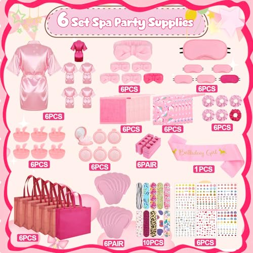 Girls Spa Party Supplies Kit 6-Piece Set with Satin Robes & Accessories - Hot Pink & Pink Variation