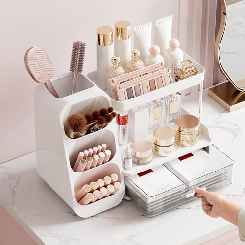 UFORU White Makeup Organizer with Brush Holder, Large Vanity Storage