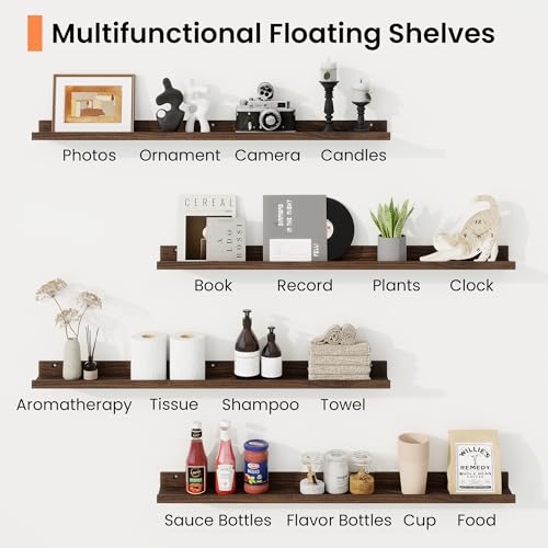 Walnut 72-Inch Picture Ledge Shelf Set of 2 - Floating Wall Shelves for Photos & Display