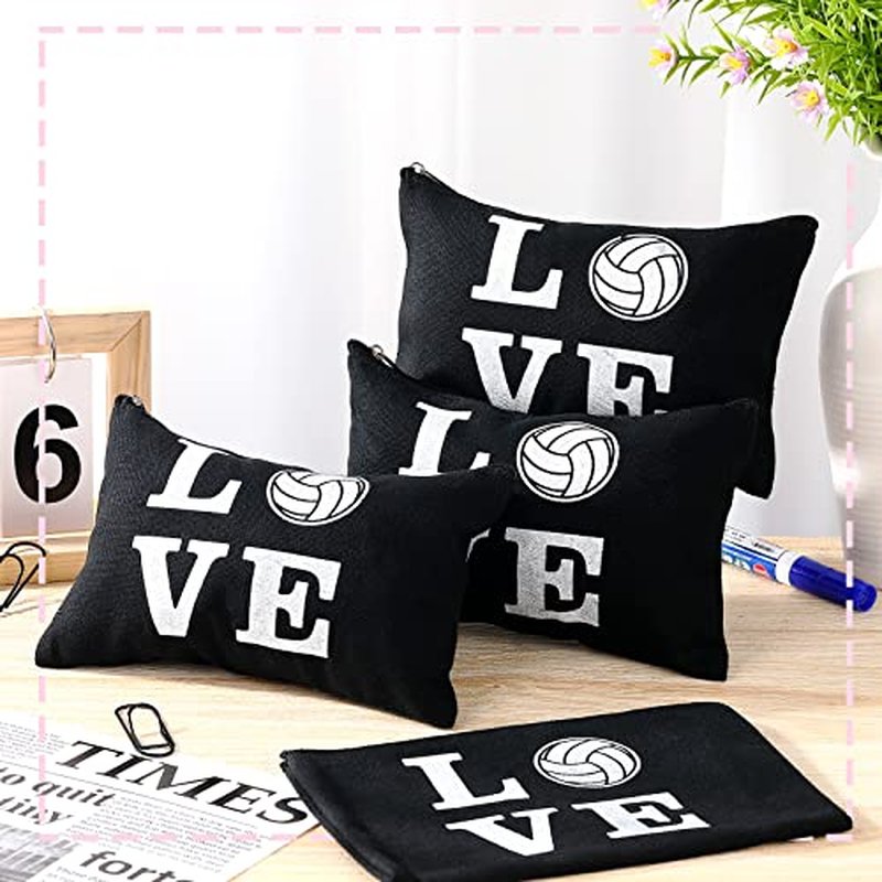 18 Pieces Volleyball Pouch Love Makeup Bag Organizer Travel Women Volleyball Gifts Small Zipper Volleyball Bags Canvas Toiletry Volleyball Team Bag Cute Storage Cosmetic Pencil Case for Players