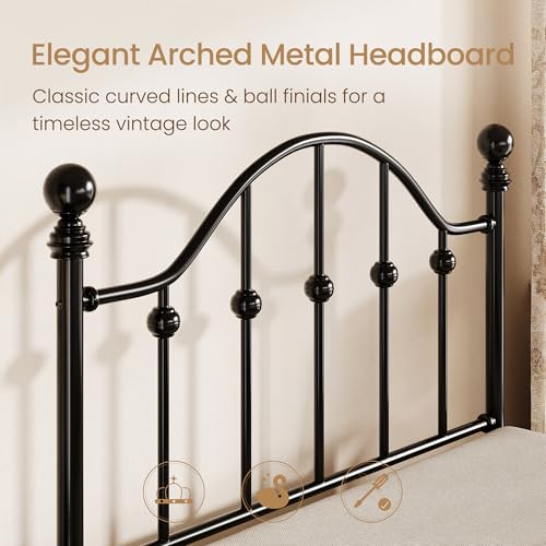 Twin Metal Bed Frame with Victorian Headboard & Footboard - Black, SHA CERLIN