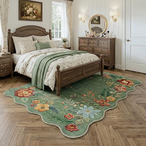 6x9 Washable Sage Green Floral Area Rug - Embroidery-Inspired Vintage Design