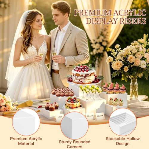 Cherizia 10-Piece White Acrylic Buffet Risers Set with Mini Sign Tongs & Cake Cutter - 3 to 10 Inch Variations