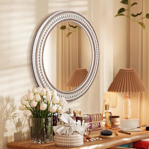 Decointo 24 Inch Round Rustic Wooden Bathroom Mirror - Style 1