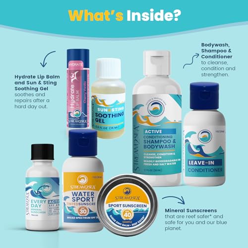 Stream2Sea Natural Hair & Skin Care Gift Set, Body & Face Travel Kit, Shampoo & Body Wash Conditioner, Everyday Mineral Sunscreen, Tinted Sunscreen, Sun & Sting Soothing Gel and Hydrate Lip Balm