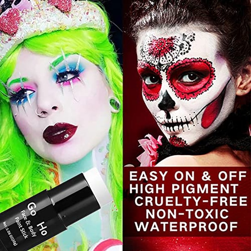 Go Ho White and Black Face Paint Stick with Setting Powder,2 PC White Sponges Set,Waterproof Full-coverage Face Body Paint for Halloween Costumes Clown Skeleton Vampire Skull Cosplay Makeup
