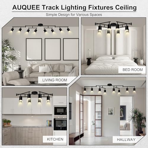 AUQUEE 8 Light Black Track Lighting Fixtures Ceiling - Modern Rotatable LED for Kitchen & Hallway, No GU10 Bulbs Included