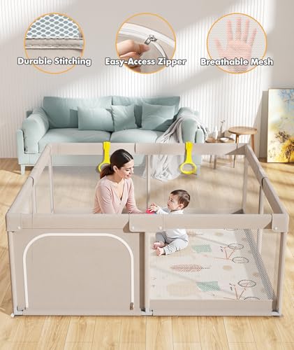 Mloong Baby Playpen with Mat - 59x59 Inch Safety Play Yard for Toddlers, Grey