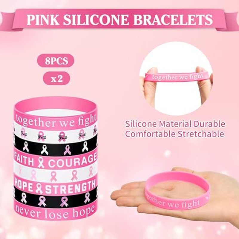 36 Pcs Breast Cancer Awareness Items Bulk, Pink Breast Cancer Awareness Accessories Decorations Include Breast Cancer Bracelets, Pins Buttons, Temporary Tattoo Stickers