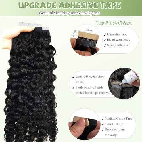 Black Water Wave Human Hair Extensions Tape Ins 18 Inch Seamless Curly 50g