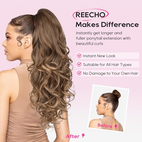 REECHO 24 Inch Curly Wavy Ponytail Extension - Strawberry Blonde Clip-In Hairpiece for Women