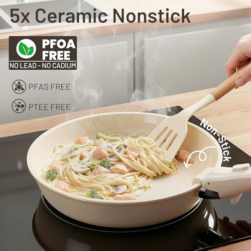 Cream Nonstick Cookware Set with Detachable Handles - 25 Piece Space-Saving Ceramic Pots and Pans for RV & Home