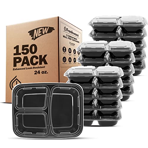 24 oz Meal Prep Containers 150 Pack with 3 Compartments BPA Free Stackable