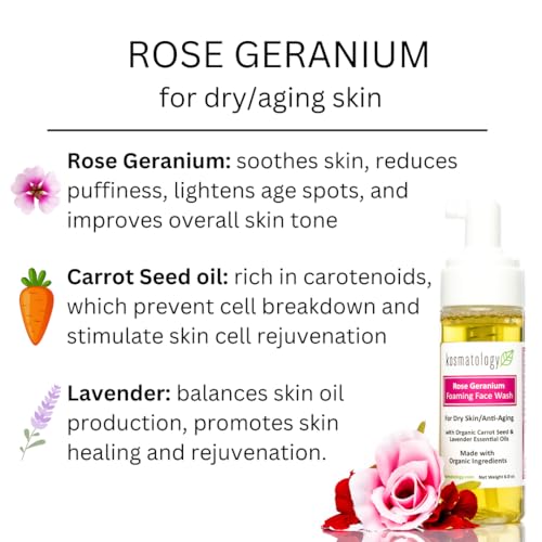 kosmatology Rose Geranium Face Wash | Smooths Skin | Reduces Fine Lines, Wrinkles & Puffiness | Gentle Foaming Cleanser with Natural Ingredients for Youthful Skin | 6 oz