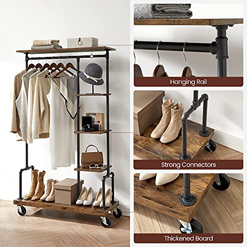 VASAGLE 5-Tier Industrial Clothes Rack on Wheels, Rustic Metal & Wood Garment Organizer