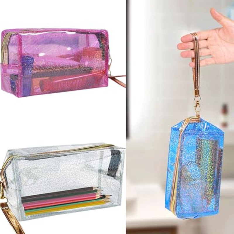 4Pcs Clear Makeup Bag Cosmetic Organizer Case Waterproof Travel Toiletry Bag with Handle, PU Makeup Bag Zipper Pouch Travel Cosmetic Bags for Women Accessories (Blue+Pink+Silver+Purple)