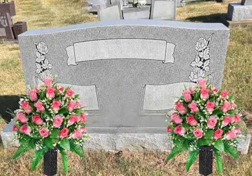 Artificial Cemetery Flowers Pink Rose Bouquet Set with Vases - Outdoor Grave Decorations