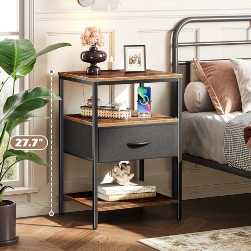 Nightstand with Charging Station L - Rustic Brown & Black, 15.7”D x 17.7”W x 27.7”H