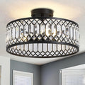 16-inch Black Crystal Ceiling Light with 3 E26 Sockets Modern Semi-Flush Mount Fixture for Living Room Bedroom Kitchen