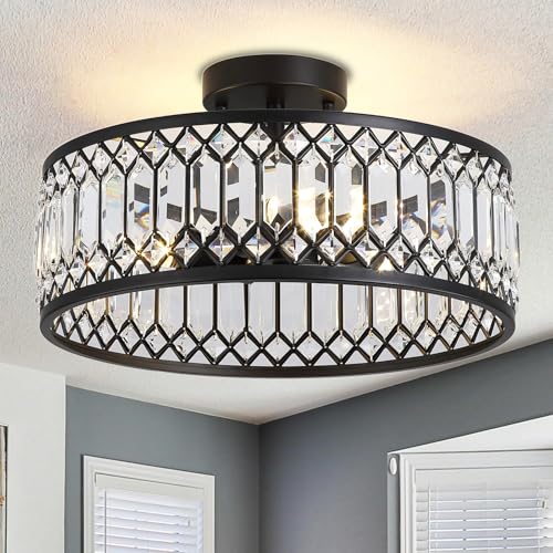 16-inch Black Crystal Ceiling Light with 3 E26 Sockets Modern Semi-Flush Mount Fixture for Living Room Bedroom Kitchen