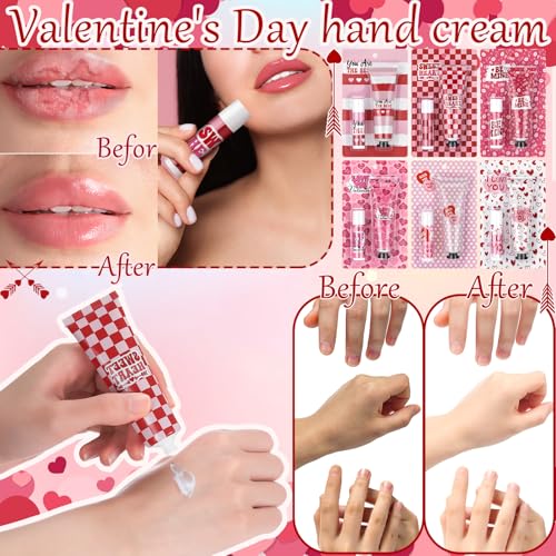 Valentine's Day Hand Cream & Lip Balm Gift Sets - 6 Mini Moisturizing Kits with Heart Design - Perfect for Galentine's Day, Teachers, Coworkers