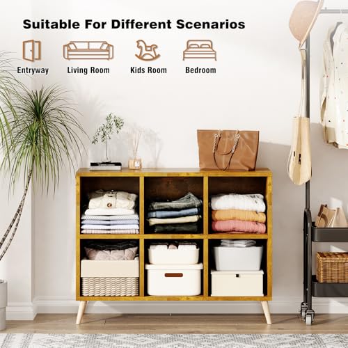 Rustic Brown 6-Cube Storage Organizer with Legs, Fits 11-Inch Bins, Modern Freestanding Bookcase